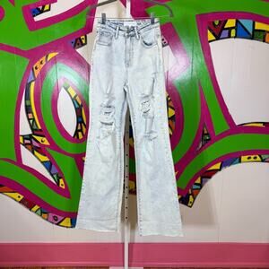 Risen Jeans, Light Blue Flare Wide Leg Distressed Jeans. Size 1/25.